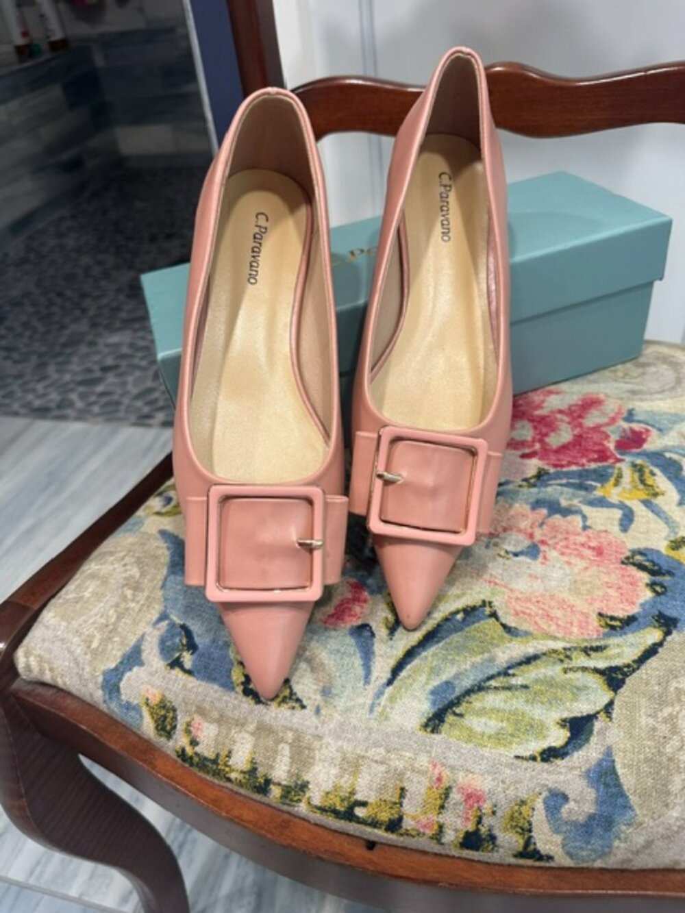 C Paravano Leather Square Buckle Flats
